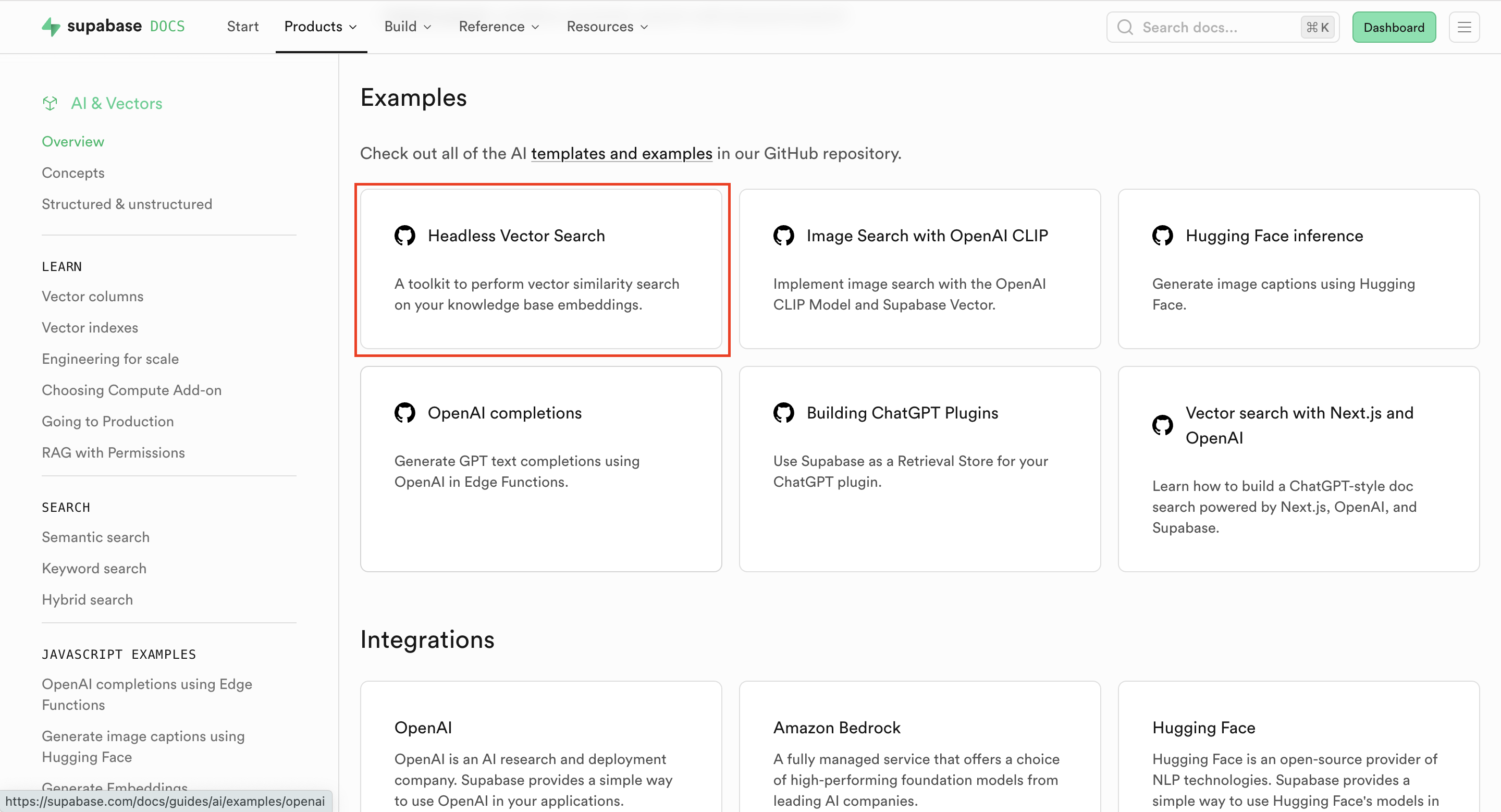 Supabase DocsのAI x Vectorsページ